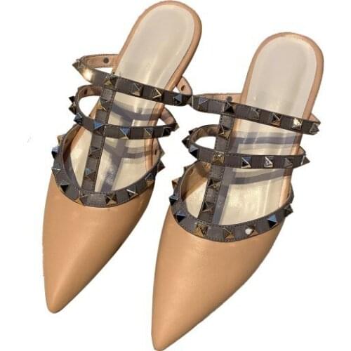 New designer apricot creamy-white soft matte genuine leather pointed toe stud rivets two straps women lady 5cm slingback heel
