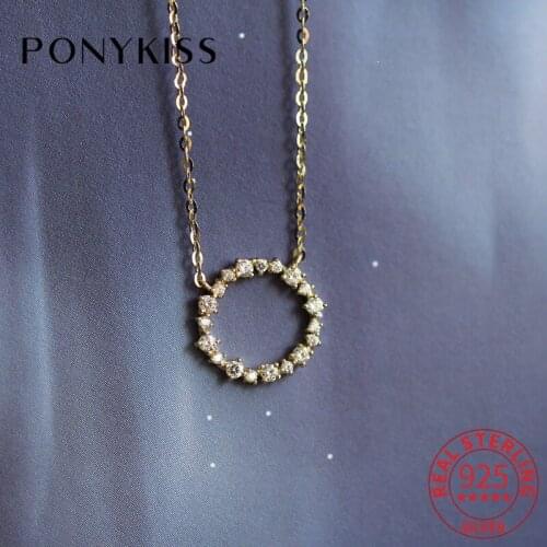 PONYKISS Trendy 925 Sterling Silver Round Zircon Chain 14K Gold Pendant Necklace For Women Fine Jewelry Party Drop Shipping