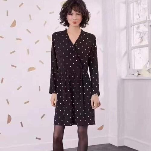 Retro Polka Dot V-neck Long Sleeve Dress with Wooden Ears