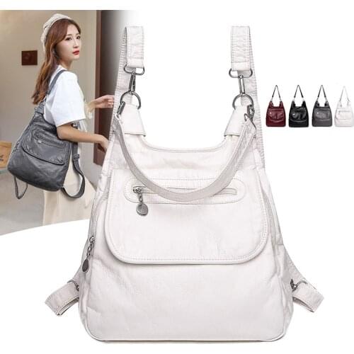 Multifunction White Backpacks Fashion Washed Soft PU Leather Anti-thief Backpack Large Capacity School Bag for Teenager Girls