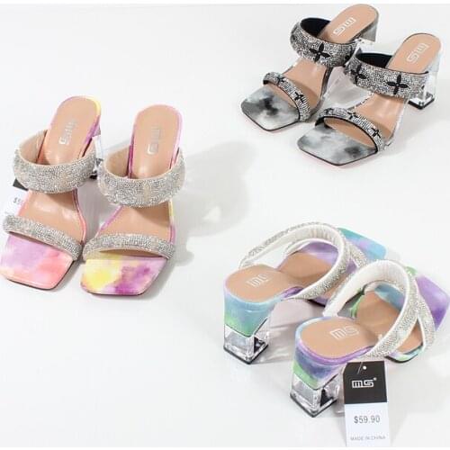 Womens Sandals Fashion Square Heel Crystal Flowers Summer New Color Combination Simple Super High Heel Sandals Size 42