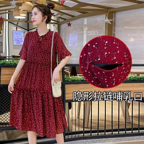 Summer Floral Printed Chiffon Maternity Nursing Long Dress Elegant A Line Slim Breast Feeding Clothes for Pregnant Women