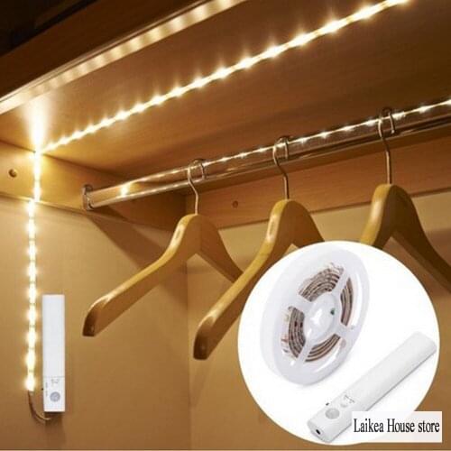 LED Sensor Light Strip 1M Lighting Ribbon Tape White/Warm White Strip Need 4XAAA Battery (Not included)Suitable Cabinets Closets