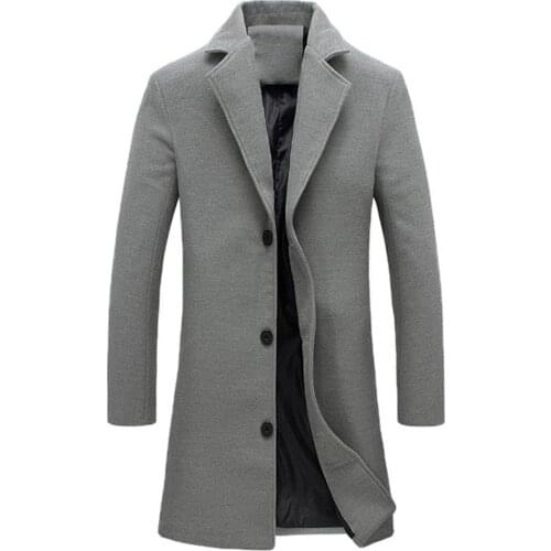 Trench Coat Men Winter Lapel Collar Woolen Single-breasted Pockets Plus Size Trench Coat