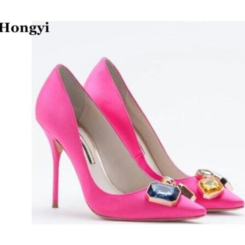 Hongyi Hongyi hot selling rose pink pointed toe high heel shoes woman thin heels pumps candy color crystal stones stiletto heels