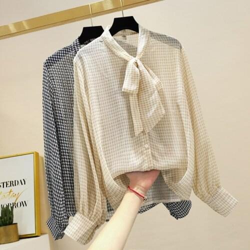 Vintage Houndstooth Shirt Womens Tops Lantern Sleeve Sash Bow Collar Button Up Shirt Loose Plaid Chiffon Women Shirts Blouses