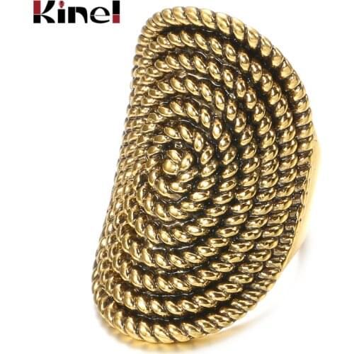 Kinel 2020 Vintage Punk Rock Rings For Women Ancient Gold Color Midi Rotating Lucky Pattern Oval Ring Women Boho Jewelry Gift