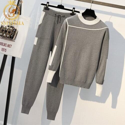 SMTHMA 2021 New Autumn Runway 2 Pieces Set Knitted Long Sleeve Pullovers Sweater Casual Patchwork Jumper Tops And Pants Suits