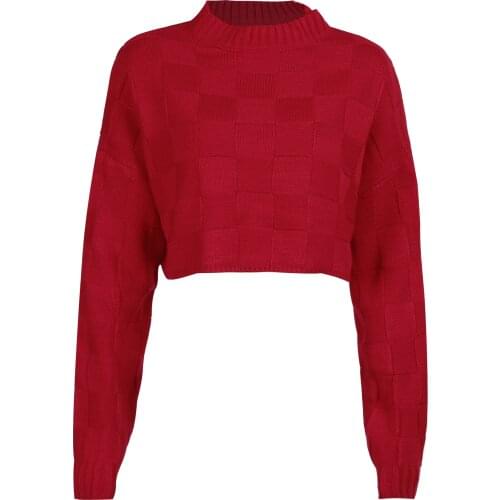Autumn retro checkered long-sleeved short section knitted sweater women