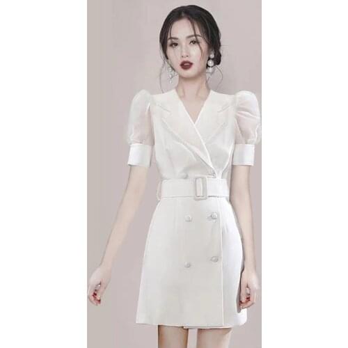 JSXDHK Runway Summer Notched Neck Office OL Dress Women Double-breasted Mesh Patchwork Puff Sleeve White A Line Dress With Belt