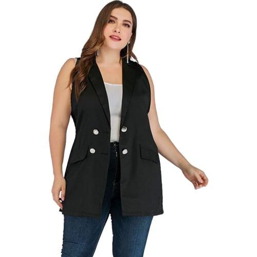 Ladies Summer Autumn Solid Suit Vest Double Breasted Loose Sleeveless Blazer Waistcoat Women Outerwear Black TJR7435