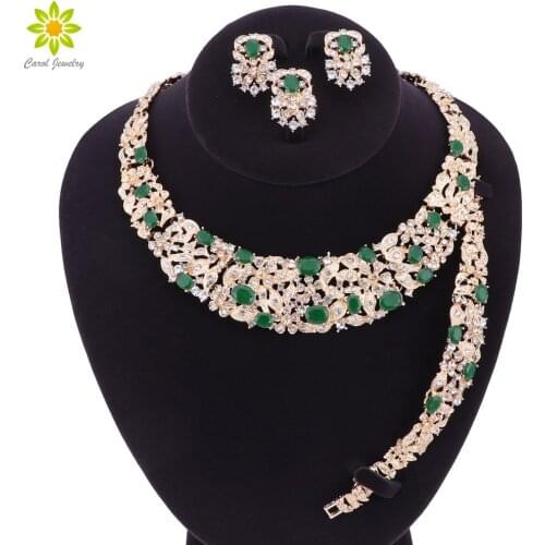 Gold Color Necklace Earrings Bracelet Ring Jewelry Sets Women African Beads Crystal Pendant Wedding Accessories