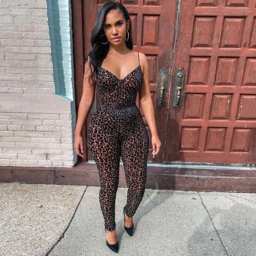 2021 female mesh low-cut sleeveless sexy tight-fitting club wear one-piece fashion overalls leopard print tight camisole jumpsui