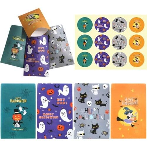 24Pcs Halloween Candy Paper Bags with Label Stickers Cartoon Pumpkin Ghost Print Treat or Trick Cookies Packaging Bag Party