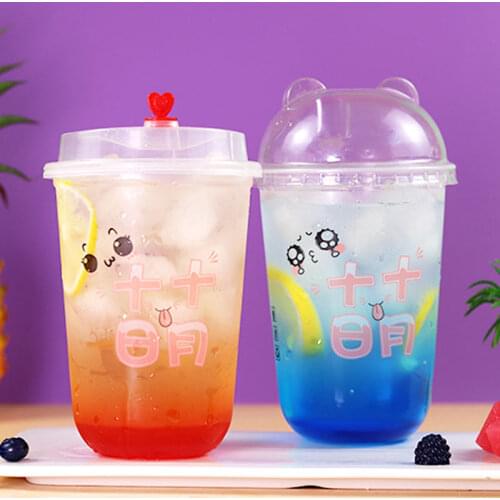 50pcs High quality 90 caliber 500ml/700ml transparent cold hot drink plastic cup U shape cute party favor beverage cup with lid