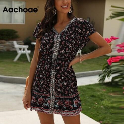 Aachoae Women V Neck Floral Print Vintage Dress With Belt A Line Short Sleeve Buttons Chic Dresses Summer Sundress Vestidos