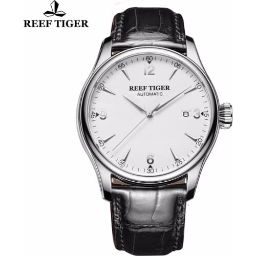 Reef Tiger/RT Business Mechanical Watches Sapphire Crystal 316L Steel Genuine Leather Strap Watch Leather Band RGA823G