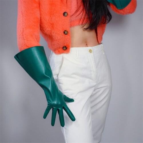 TECH LONG GLOVES Unisex Dark Green Faux Leather 38cm Wide Balloon Puff Sleeves Male Female Gloves WPU155