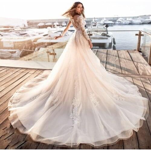 Chapel Train Bridal Gowns Long Sleeves Lace Appliques A-Line Wedding Dresses Autumn Lady Robe De Novia 2020 Bride Bridal Dress