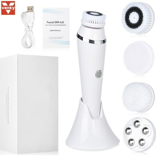 VENKY Electric Face Cleansing Brush Rechargeable Facial Brush Sonic Face Brush Beauty Skin Care With 4 Brush Heads Facial SPA