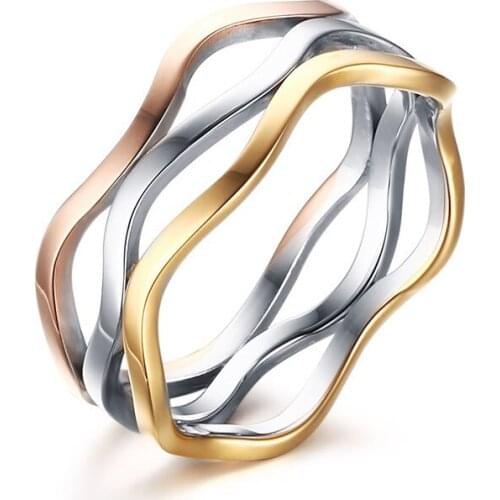 Hot Sale Tricolor Hollow Wave Stainless Steel Ring