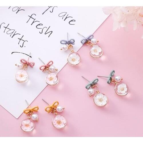 Classic Women Cherry Blossom Flower Glass Dangle Earrings Bow Tie Pearl Flower Earrings For Women Drops Bohemian Earrings