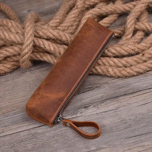 Leather Zippered Pen Bag Creative Handmade Head Layer Cowhide leather Pen Pouch Pen Protective Cover Leather Receiving Bag Gift