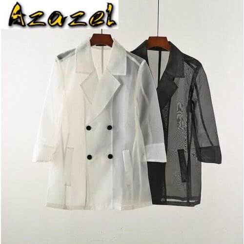 Summer Brand Men double-breasted slim Pierced transparent middle sleeve jacket male hip hop wild fashion sun protection clothes