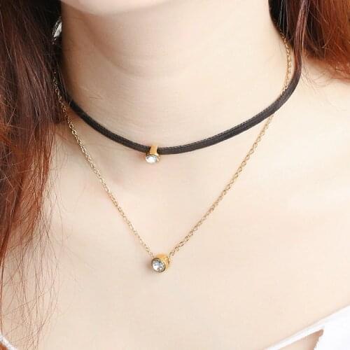 Fashion Cute Round CZ Choker Necklace For Women Girls Trendy Gold Silver Leather Necklace Crystal Multi Layer Jewelry