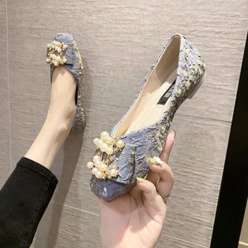 Fashion Square Head Beaded Womens Single Shoes 2021 Spring and Autumn New Womens Shallow Mouth Single Shoes Lazy Womens Shoes