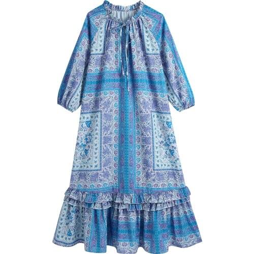 JC · KILIG 2021 New Positioning Printing Round Neck Tassel Lace Loose Laminated Ruffle Dress Skirt B1735