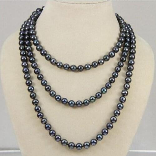 New 7-8mm Black real akoya Tahiti Cultured Pearl Necklace 50inch AA