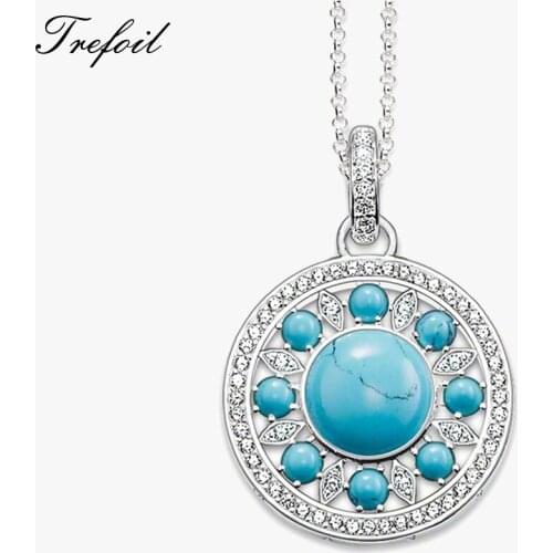 Link Chain Necklace Blue Ornament, Fashion 925 Sterling Silver Jewelry Trendy Gift For Women Girls 2018 New Collana