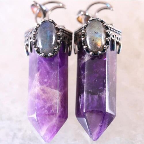 Necklace Pendant Natural Stone Labradorite Purple Crystal Hexagon Crown Half Moon for Making Jewelry 1Pcs K796