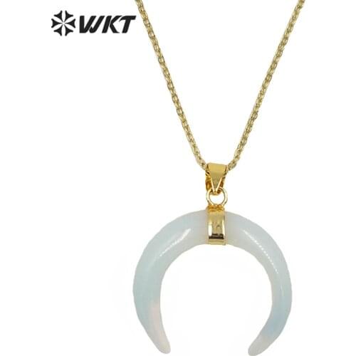 WT-N850 5pcs Wholesale Charm Opal Horn Necklace & Pendant,18" Gold Chain Horn Necklace Natural Opal Stone Design Horn Necklace