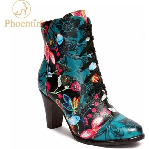 Phoentin Hand-painted Genuine Leather Ankle Boots Women Shoes high Heel shoes 2021 Women embroidered Boot plus size 36-42 FT1427