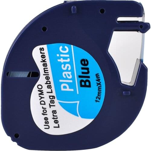 1 Compatible Dymo LetraTag 91205 Black on Blue (12mm x 4m) Plastic Label Tapes for LT-100H, LT-100T, LT-110T, QX 50, XR, XM