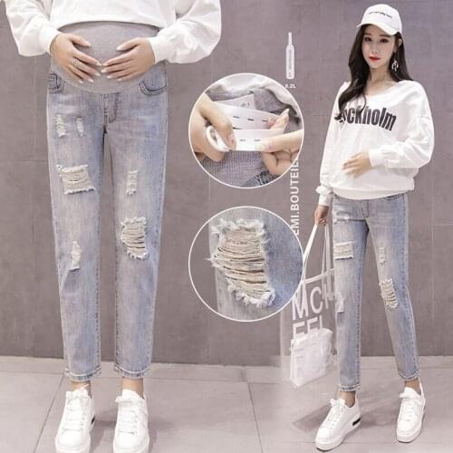 Hole Length Maternity Jeans High Waist Ripped Belly Skinny Pants Clothes for Pregnant Women Pregnancy Comfortable Summer Fashion