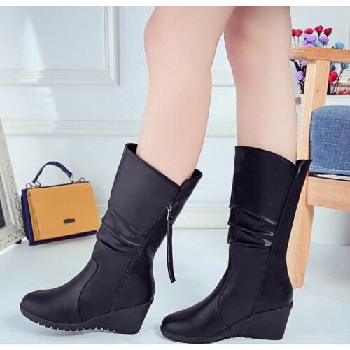 Women Ladies Casual Mid Calf Under Knee Boots Shoes Leather Wedge Heel Boots Non-Slip Womens Boots Warm Snow Boots