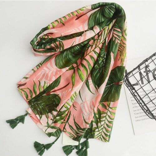 1Pc Womwn Scarf Leaves Print Cotton Long Shawls Wrap For Women Green Pink Autumn Warm Stoles Scarf Elegant Ladies Muslim Hijab
