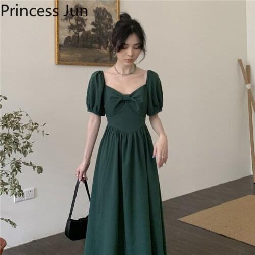 French Palace Retro Green Evening Party Dress Summer V Neck Short Puff Sleeve Elegant A Line Dress Slim High Waist Holiday Dress