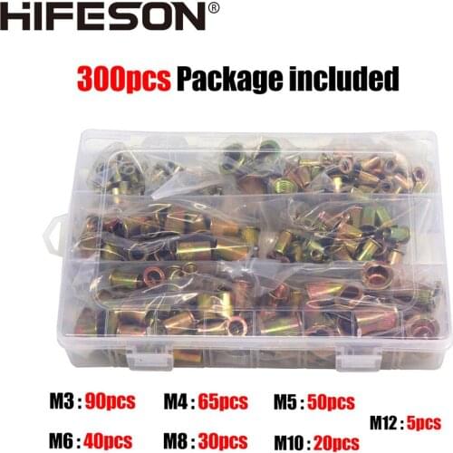 HIFESON 300pcs Stainless/Aluminum/Steel Rivets Nuts Set Flat Head Threaded Insert Sert Cap Nut for Rivet Nut Gun Riveter Tool