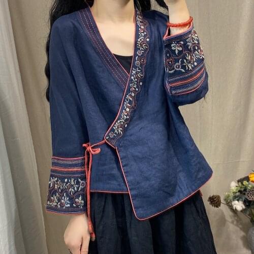 QPFJQD Ladies V Neck Autumn Linen Embroidered Jackets Retro Chinese Style Women 2021 Outerwear Loose Jacket Full Sleeve