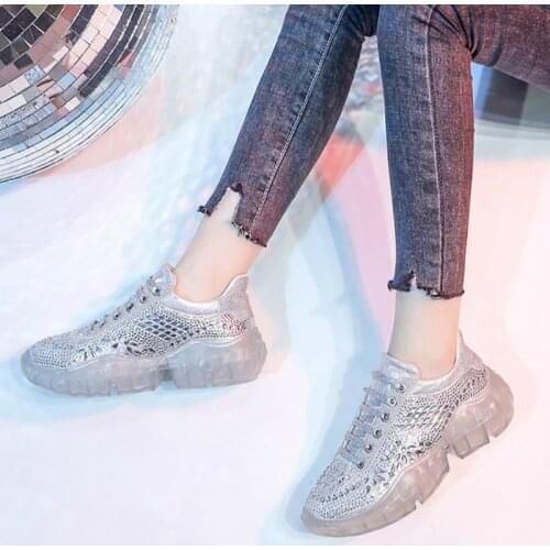 New silver crystal vulcanize shoes woman rhinestone transparent platform sneaker shoes women breathable casual flats shoes F1-21