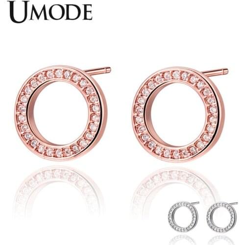 UMODE New Clear Round Zircon Hollow O Shape Stud Earring for Women White&Rose Gold CZ Crystal Stud Polished Jewelry AUE0531