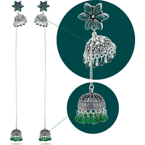 Afghan Long Tassel Earrings for Women Vintage Silver Color Green Color Flower Drop Earring Indian Jhumka Statement Party Jewelry