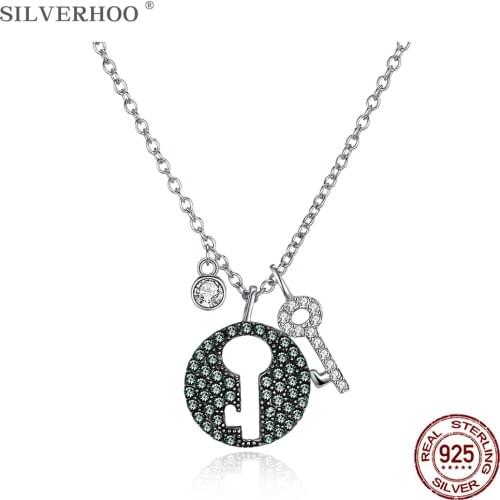 SILVERHOO S925 Sterling Silver Fairy Style Key Set Pendant Women Necklace Forest Green Austria Crystal Lady Chains Fine Jewelry