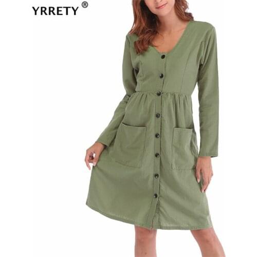 YRRETY A Line Casual Dresses Women Long Sleeve Autumn Ladies Buttons And Pockets Splicing V Neck Midi Vestidos Female Clothes