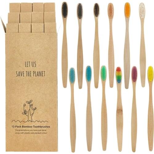 12Pcs Natural Multi-Colored Biodegradable Bamboo Toothbrush Soft Bristle Eco-friendly Oral Care Cylindrical Toothbrush