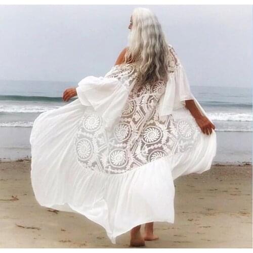 2020 White Sexy Mesh Beach Dress Women Lace Swimsuit Cover Up Female Kimono Long Beach Wear Cover Ups Pareo Bathing Suit Kaftan